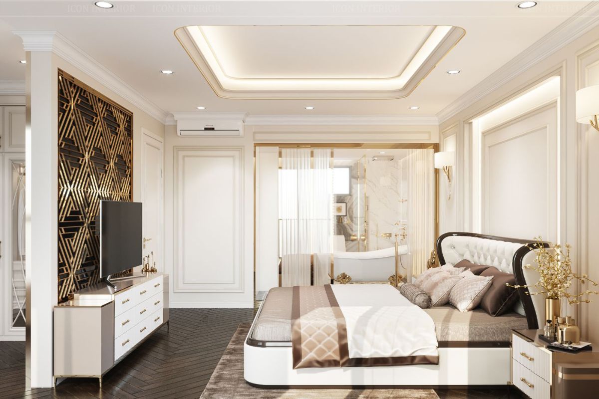 Phòng ngủ tân cổ điển với họa tiết được mạ vàng tinh tế và sáng bóng
