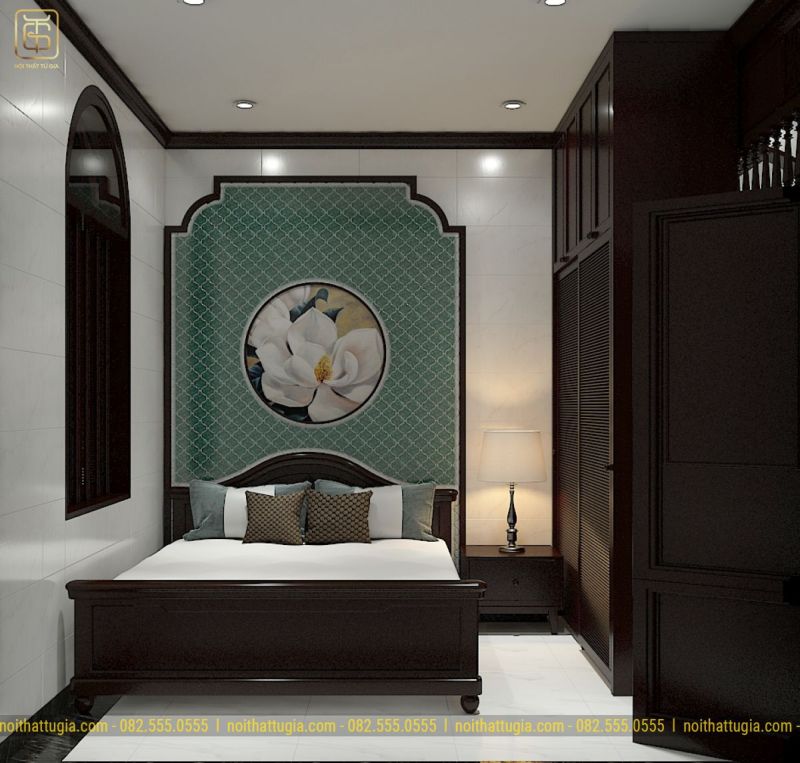 Phòng ngủ theo phong cách đương đại sử dụng gam màu tối cùng các đường kẻ, họa tiết truyền thống đơn giản mà vô cùng tỉ mỉ