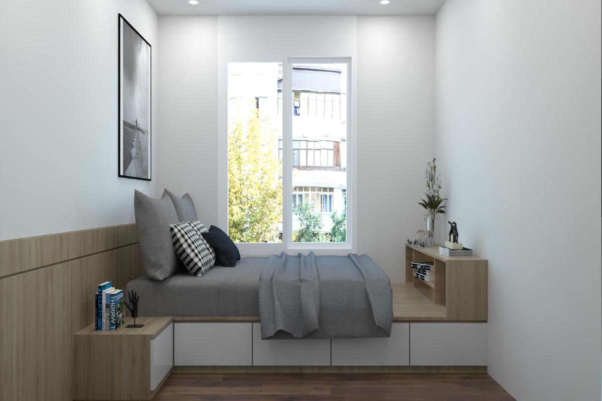 Phòng ngủ thiết kế đơn giản với nội thất hiện địa thông minh được bố trí hài hòa