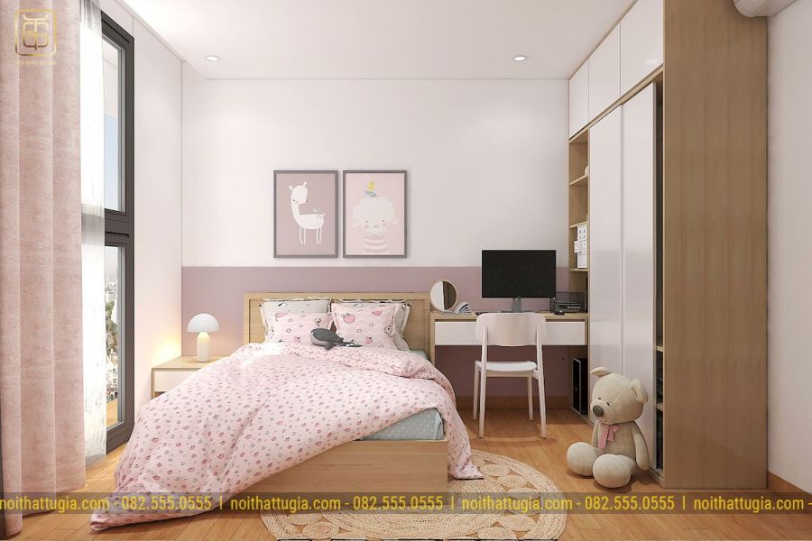 Phòng ngủ tone màu hồng nhẹ nhàng và ấm áp cho bé gái