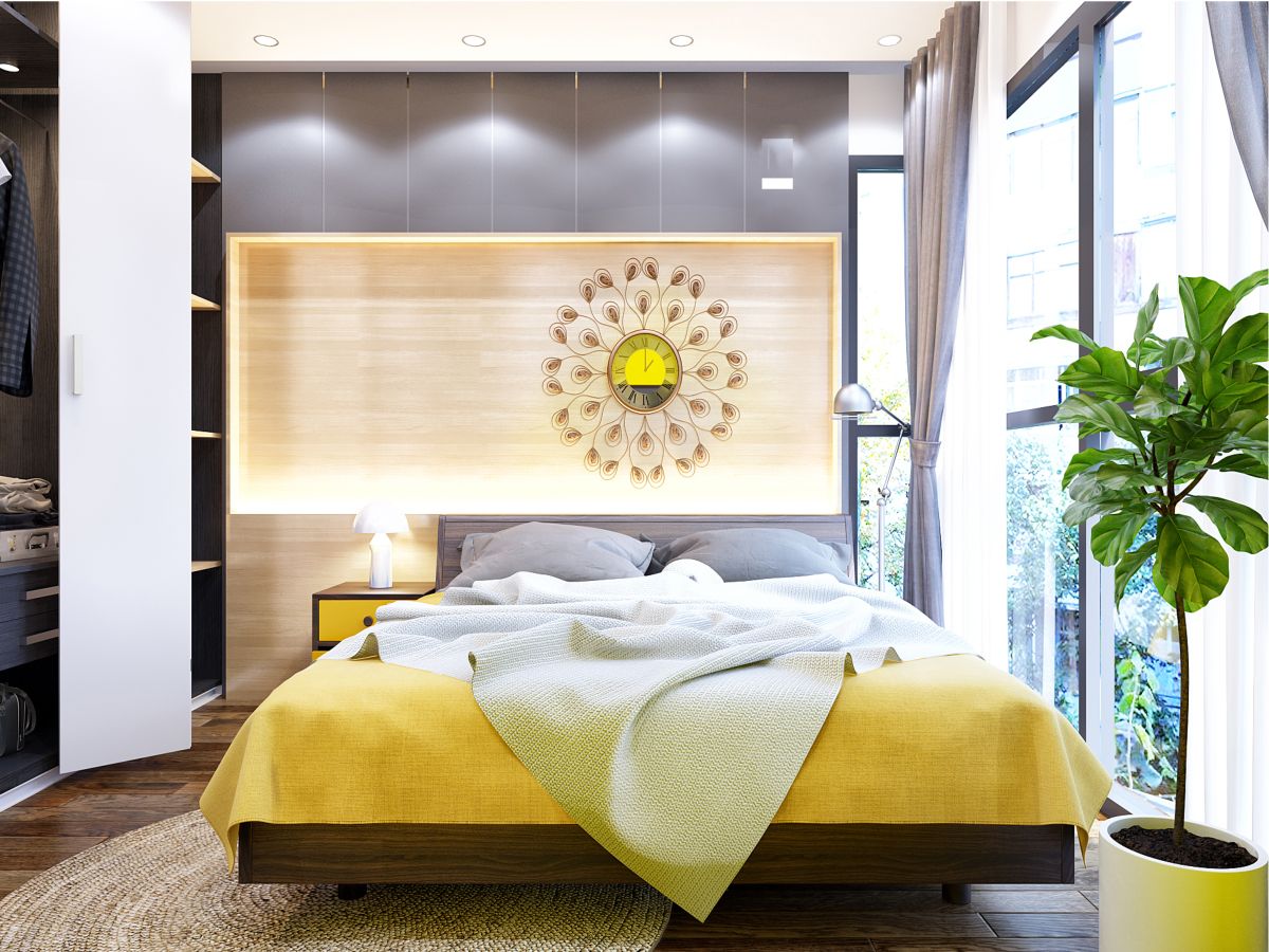 Phòng ngủ tone màu vàng sang trọng và gần gũi với thiên nhiên cho nữ