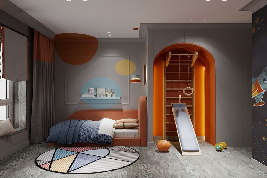 Phòng ngủ tone màu xám pha cam có ván trượt cho bé