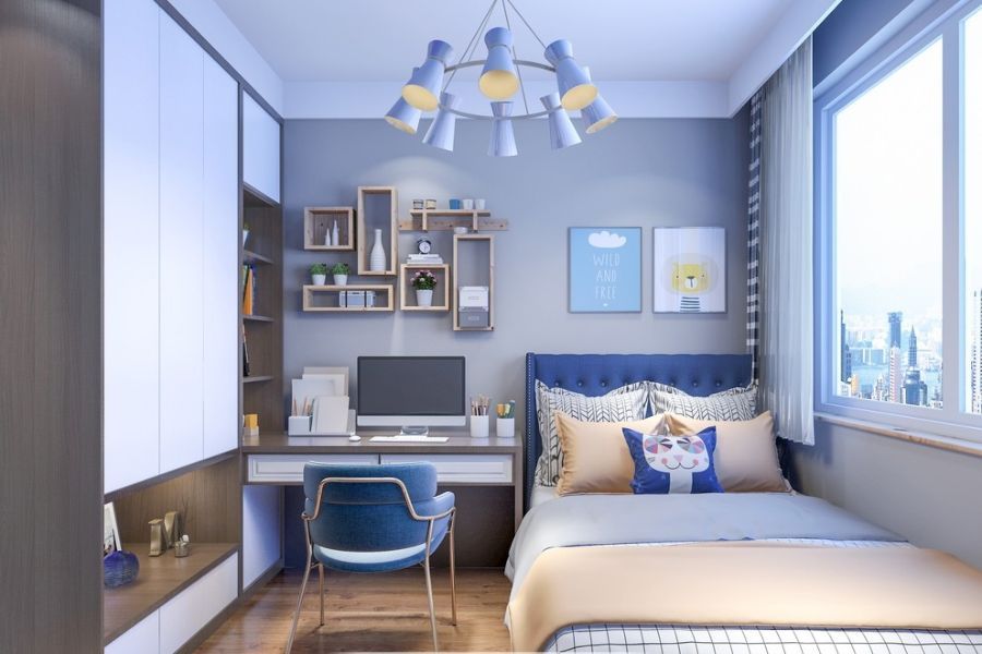 Phòng ngủ tone màu xanh cho bé trai thoải mái nghỉ ngơi và học tập, sáng tạo và phát triển
