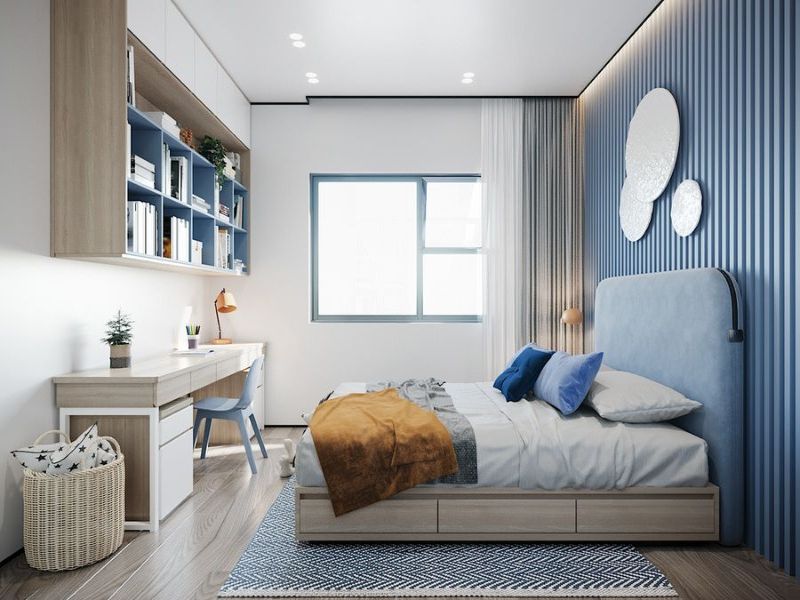 Phòng ngủ tone màu xanh cho nam dịu nhẹ và đầy đủ tiện nghi để học tập, làm việc