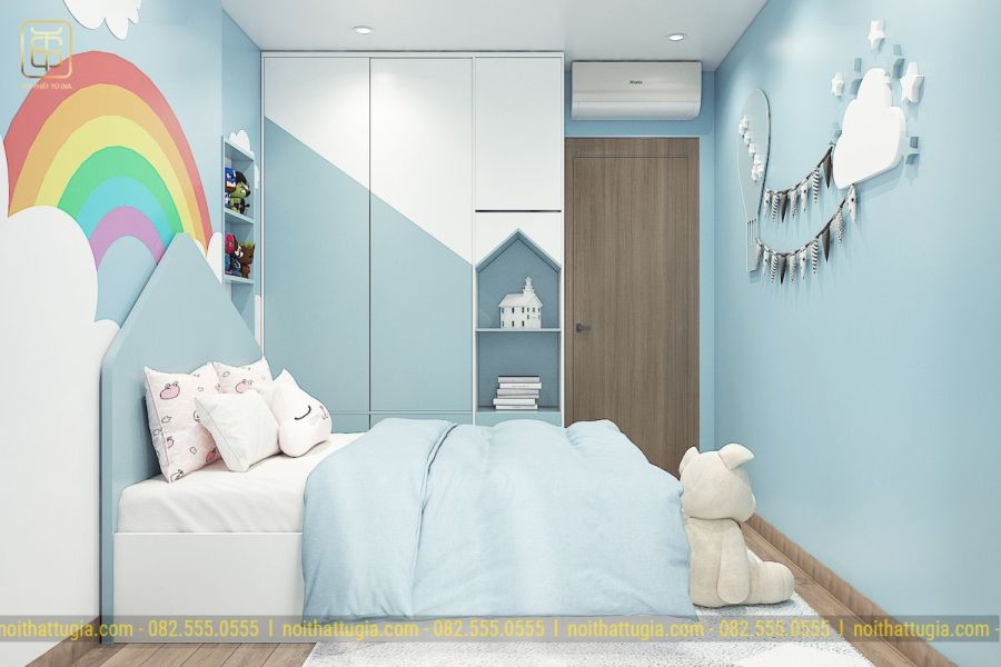 Phòng ngủ tone màu xanh tươi sáng và ấm áp cho bé trai