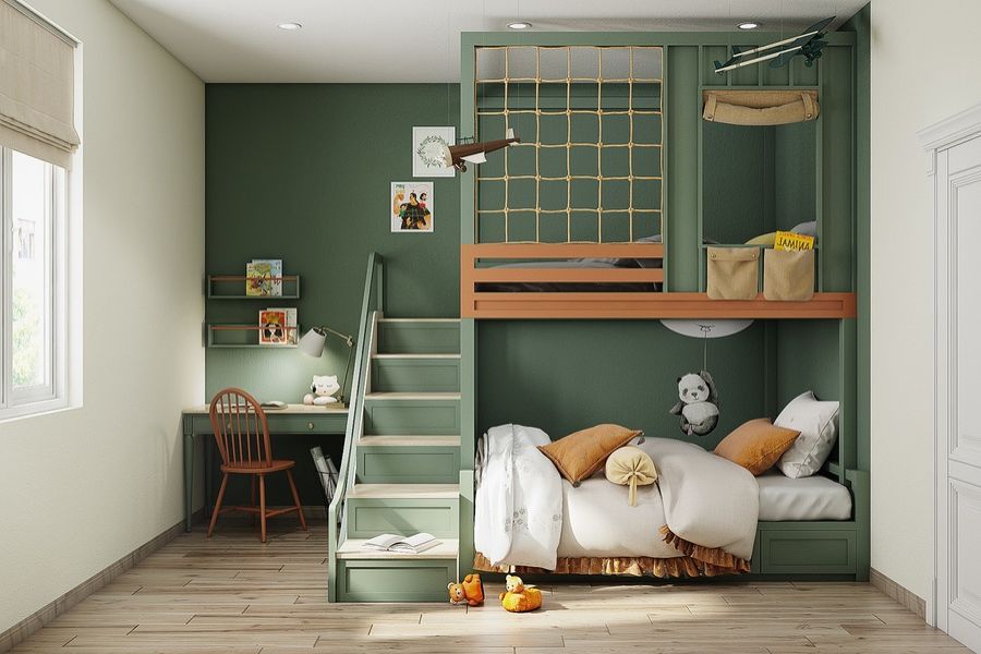 Phòng ngủ với giường tầng độc đáo và không gian rộng rãi cho bé trai