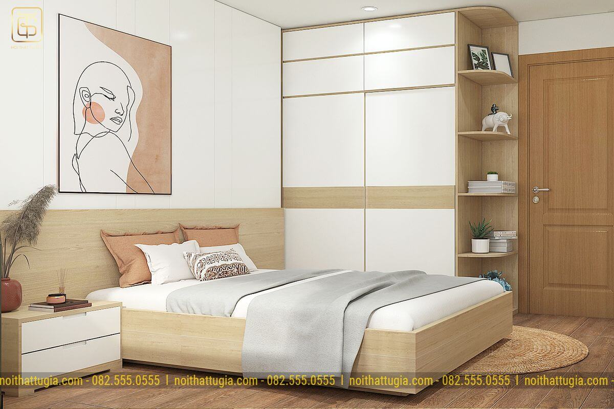Phòng ngủ với gỗ Thái hiện đại, bức tranh treo đầu giường phối hợp rất ăn ý với tổng thể