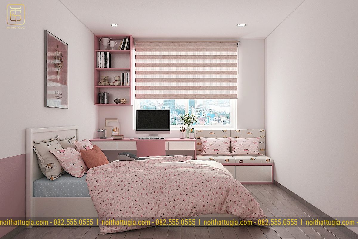 Phòng ngủ với tông màu hồng nhẹ nhàng phù hợp với sở thích của bé gái