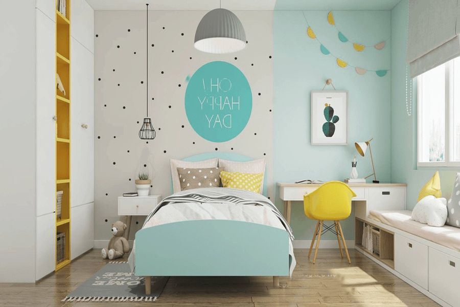 Phòng ngủ xanh pastel hiện đại, tiện nghi và sáng sủa cho bé trai