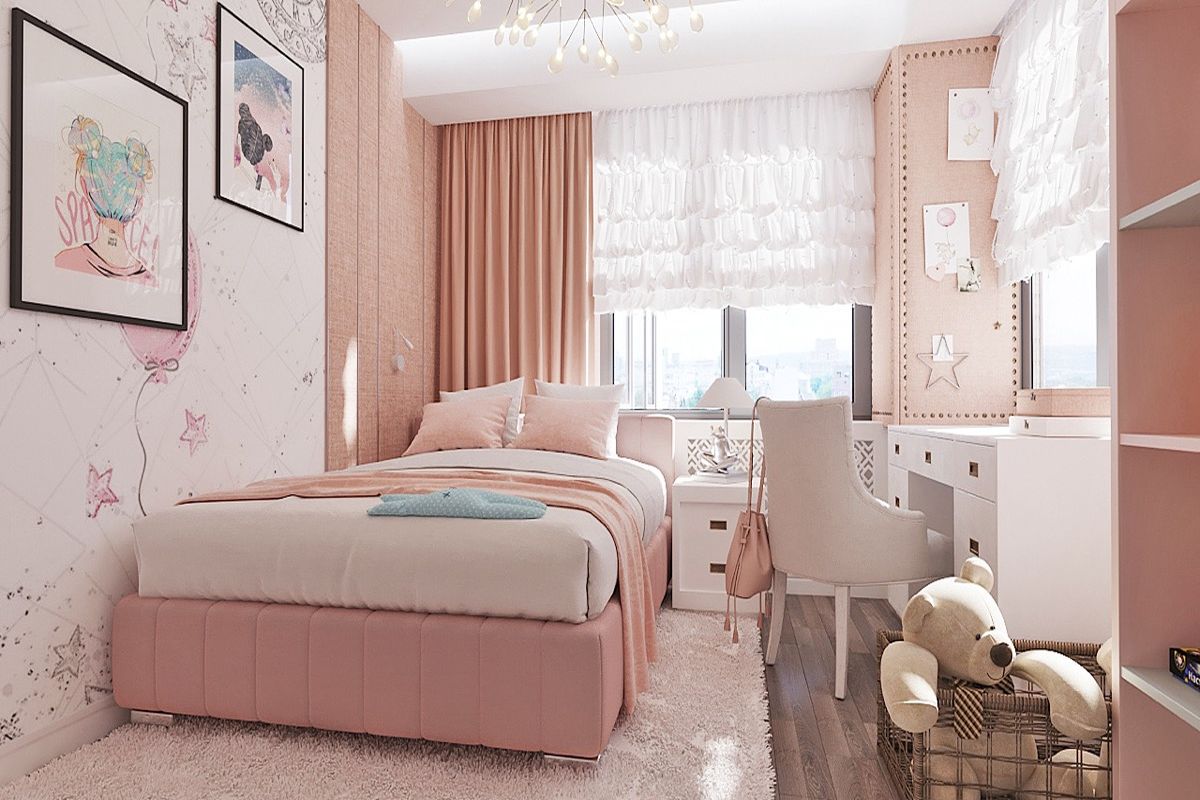 Sự kết hợp hài hòa tinh tế giữa nội thất màu sắc và đường nét của phòng ngủ màu hồng giành cho phái nữ