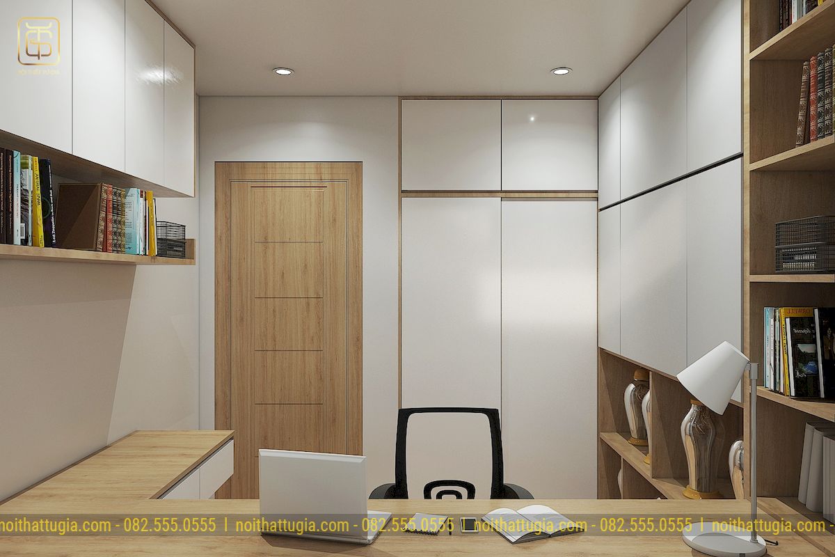 Phòng làm việc được thiết kế tủ kết hợp bàn đa năng