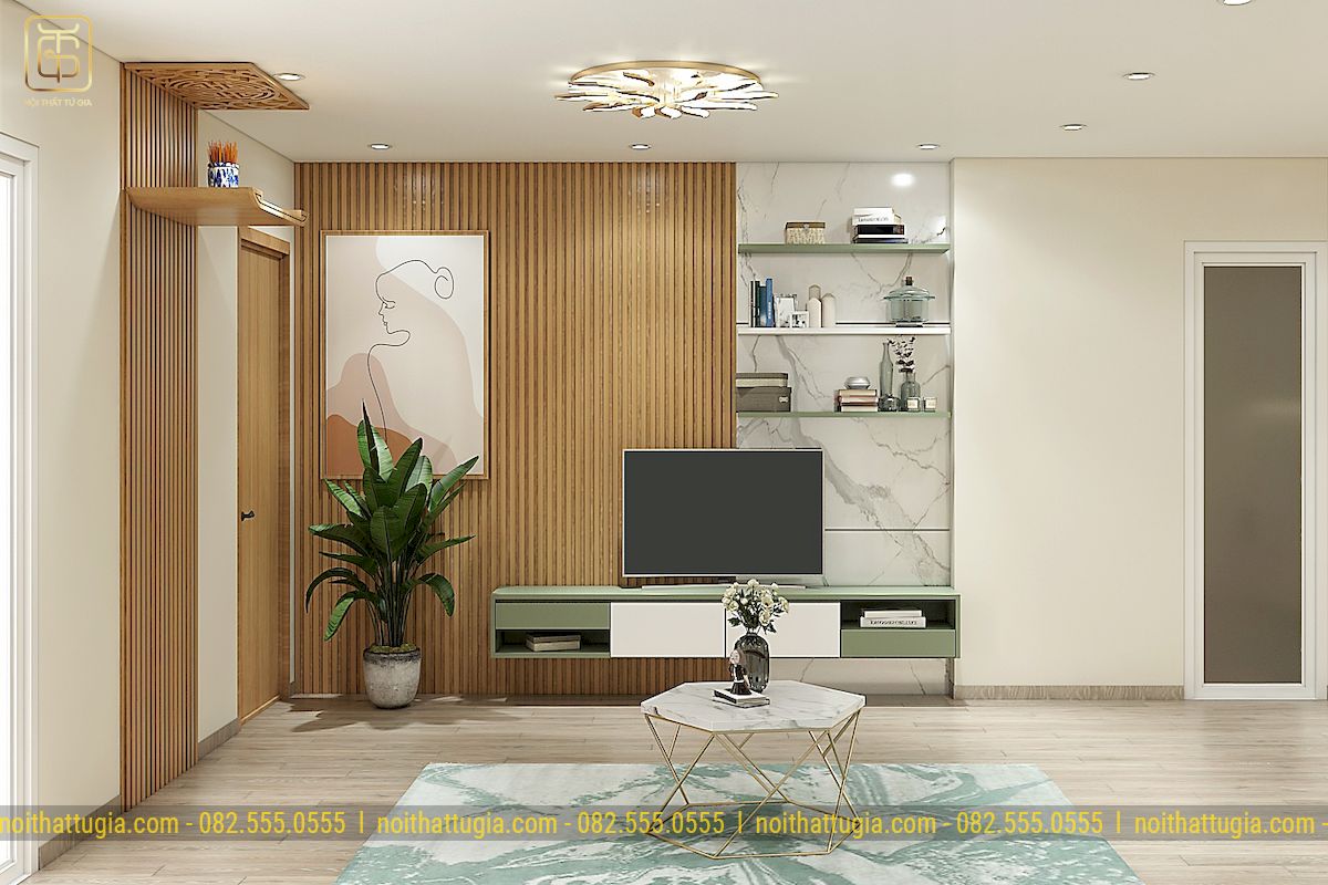 Tạo điểm nhấn cho phòng khách bởi lam ốp tường bằng gỗ và tủ trang trí phòng khách đơn giản