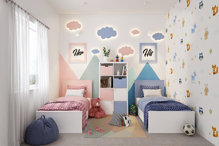 Thiết kế 2 giường đơn màu hồng và xanh cho 2 bé kết hợp với giấy dán tường ngộ nghĩnh