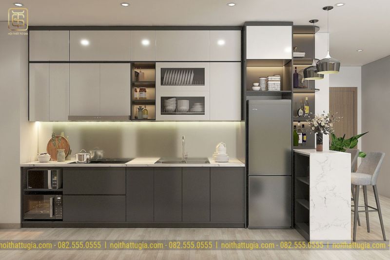 Thiết kế bếp chung cư hiện đại với chất liệu MDF phủ acrylic cao cấp, bền đẹp