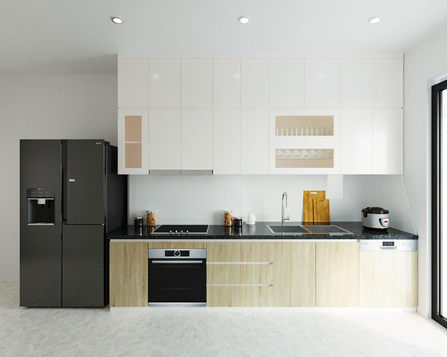 Thiết kế bếp tối giản, tận dụng tối ưu không gian bên trên để làm tủ đựng đồ