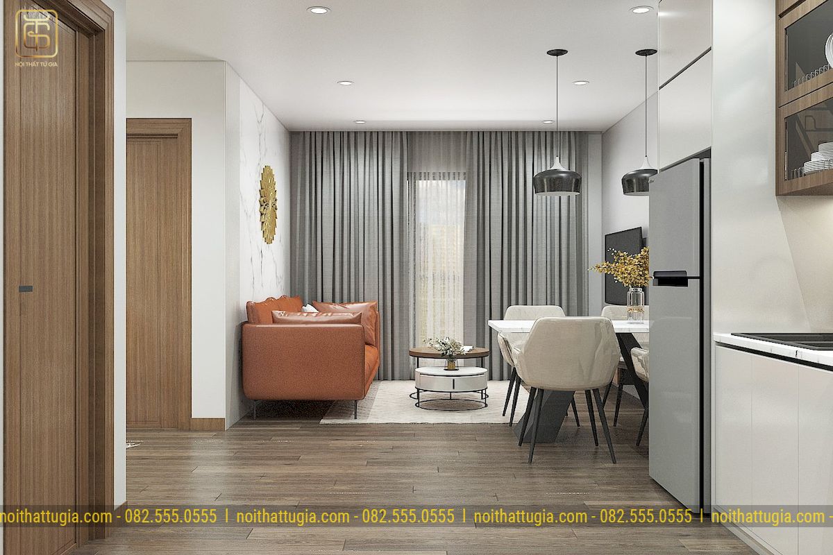 Thiết kế căn hộ với không gian phòng khách và phòng bếp rộng rãi, thoáng mát hiện đại 