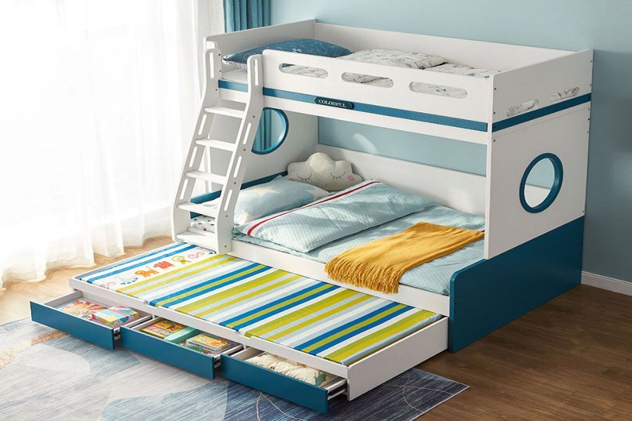 Thiết kế giường tầng có hộc tủ để đồ gọn gàng, ngăn nắp cho bé