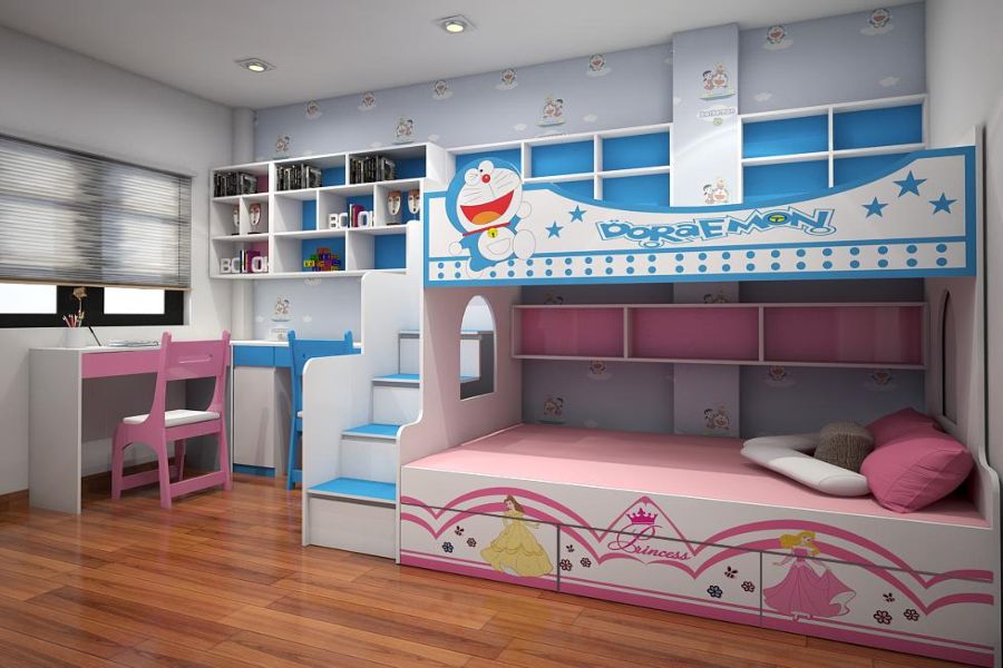 Thiết kế giường tầng gọn gàng màu hồng cho bé gái và màu xanh cho bé trai