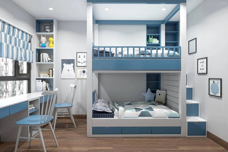 Thiết kế giường tầng tone màu trắng - xanh thoải mái và rộng rãi cho 2 bé