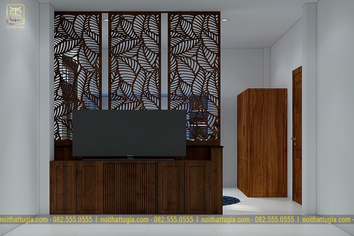 Thiết kế nội thất nhà phố 70m2 với kệ tivi và họa tiết bằng gỗ An Cường cao cấp, sang trọng