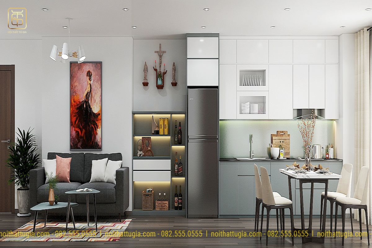 Thiết kế nội thất căn hộ 69m2 với không gian phòng khách liền bếp hiện đại