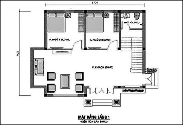 Thiết kế nhà cấp 4 80m2 với 2 phòng ngủ và phòng khách liền bếp rộng rãi