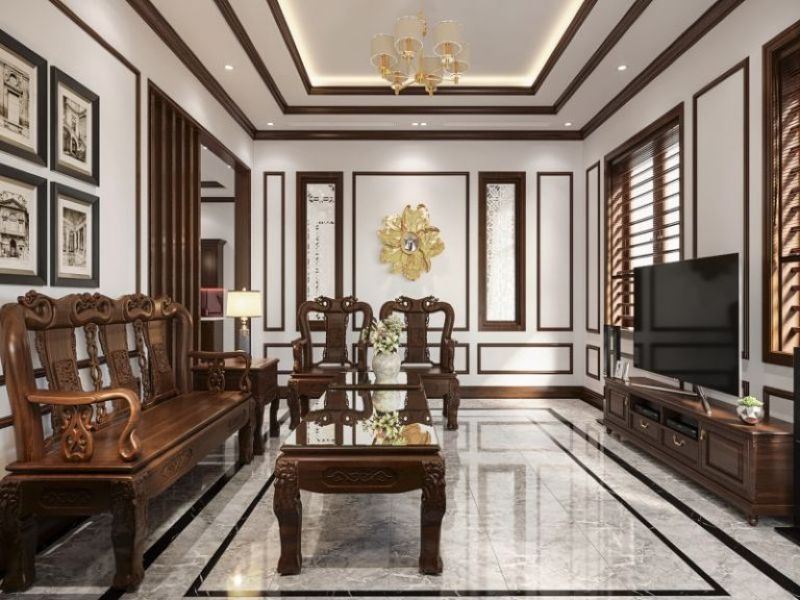 Thiết kế nội thất cổ điển Việt Nam với chất liệu gỗ tự nhiên kết hợp với hoa văn truyền thống tinh tế, độc đáo