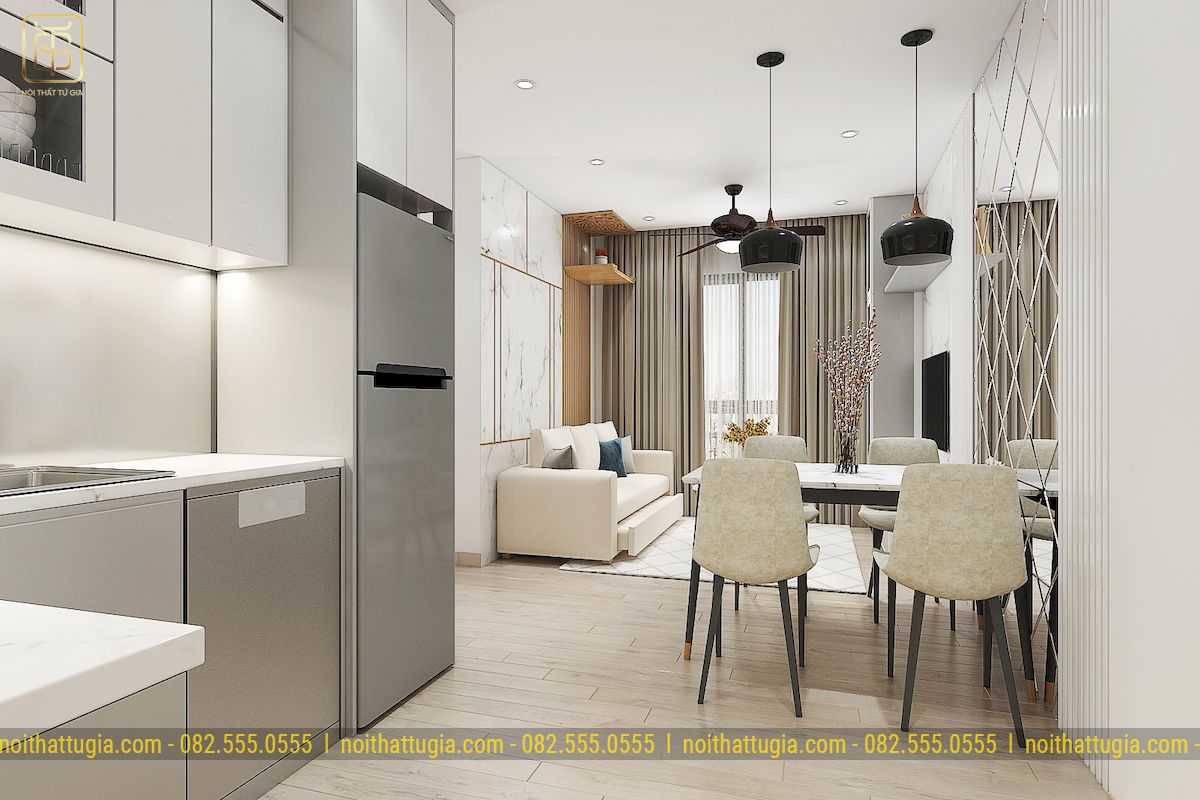Phòng khách và phòng bếp được thiết kế liên thông với nhau kết hợp với cách trang trí ấn tượng