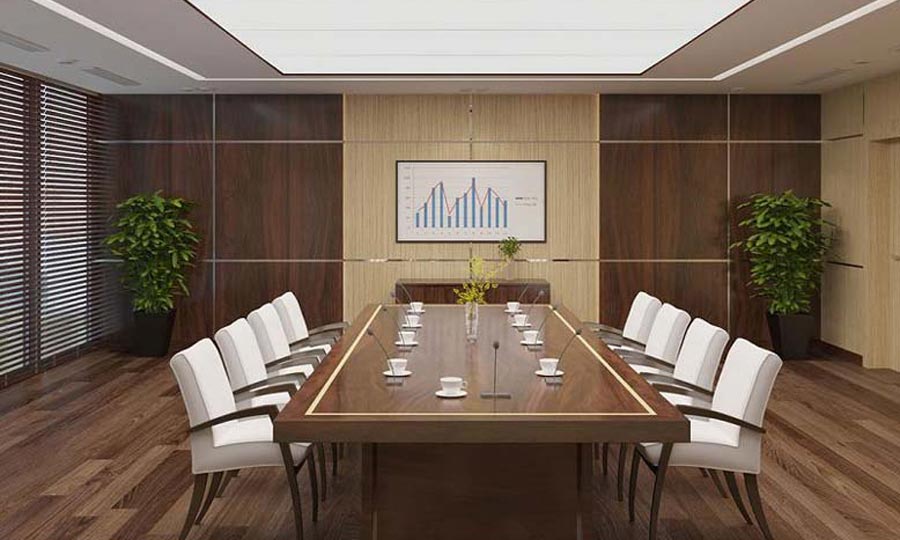Mẫu thiết kế văn phòng đẹp với phòng họp được sử dụng gỗ tự nhiên giúp tăng tính sang trọng cho không gian