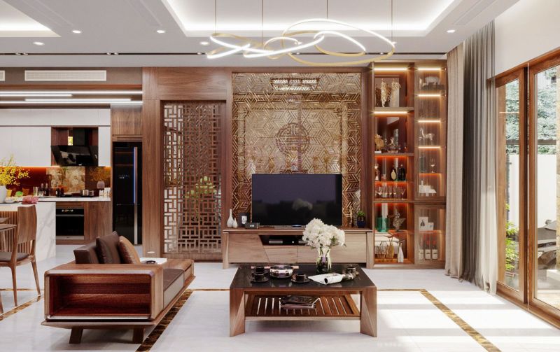Thiết kế nội thất phòng khách bằng gỗ sang trọng và tiện nghi tạo sự ấm cúng, thân thiện