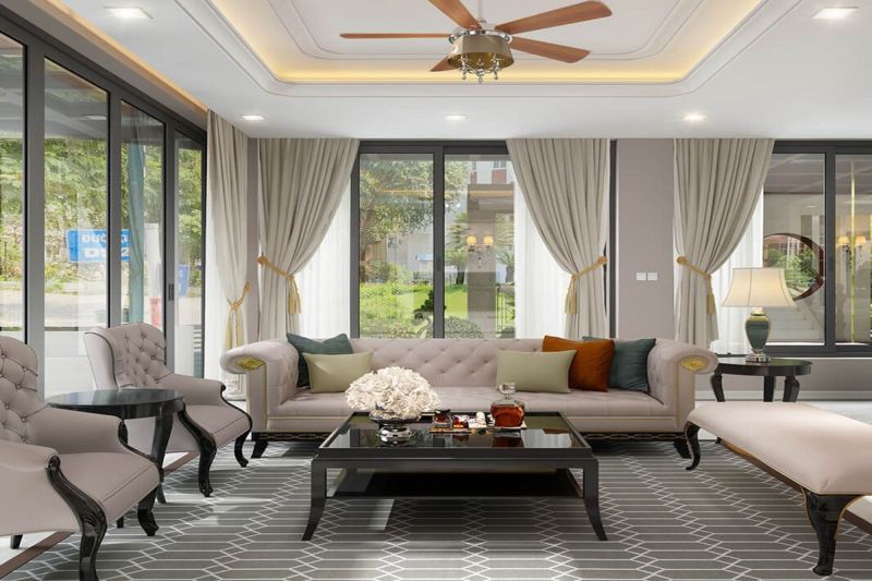 Thiết kế nội thất phòng khách sang trọng theo phong cách tân cổ điển ấm áp