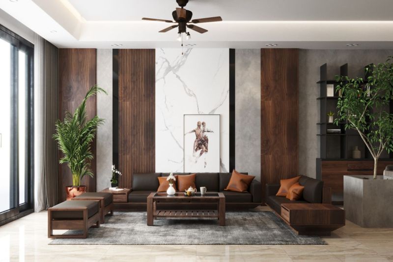 Thiết kế nội thất phòng khách sang trọng từ gỗ tự nhiên và cây trang trang trí phong thủy
