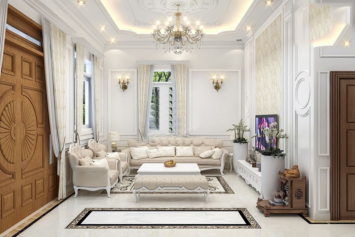 Thiết kế nội thất phòng khách tân côe điển vớ tông màu nhẹ nhàng tinh tế cực kỳ sang