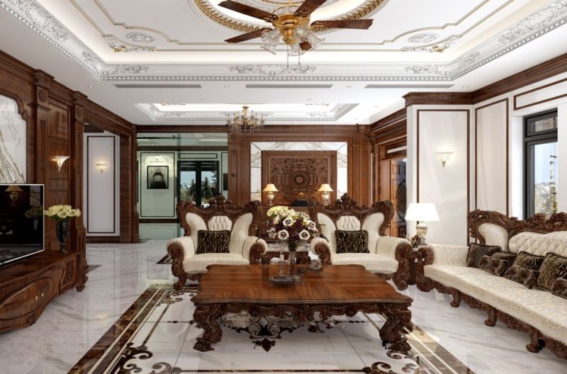 Thiết kế nội thất phòng khách theo phong cách cổ điển với nội thất bằng gỗ tự nhiên sang trọng
