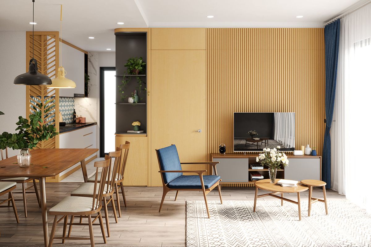 Thiết kế nội thất phòng khách và bếp liên thông phù hợp với những căn hộ có diện tích nhỏ