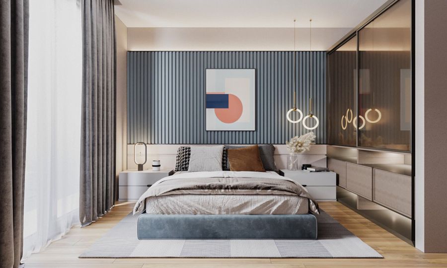 Thiết kế nội thất phòng ngủ 15m2 với tông màu xanh nhã nhặn