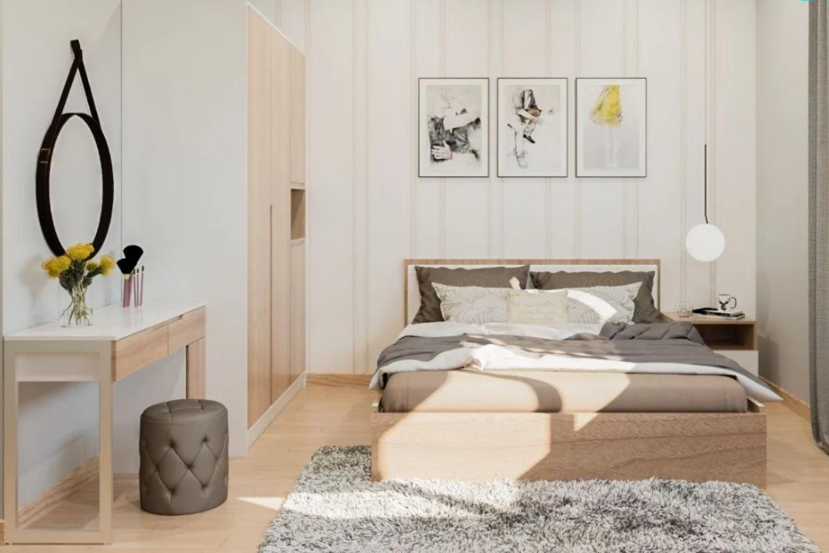 Thiết kế nội thất phòng ngủ 26m2 bằng gỗ óc chó