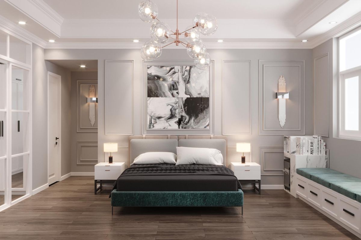 Thiết kế nội thất phòng ngủ phong cách tân cổ điển đường nét nhẹ nhàng mềm mại kết hợp decor ấn tượng