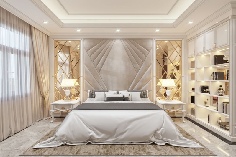 Thiết kế nội thất phòng ngủ tân cổ điển sang trọng và thoải mái với tone màu trắng sáng