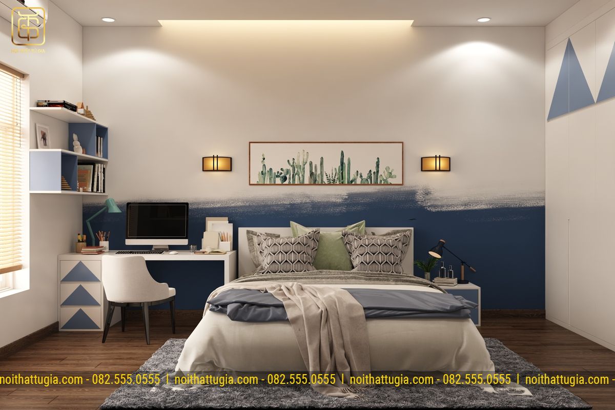 Thiết kế nội thất phòng ngủ 16m2 với tone màu xanh tạo cảm giác nhẹ nhàng, ấm áp