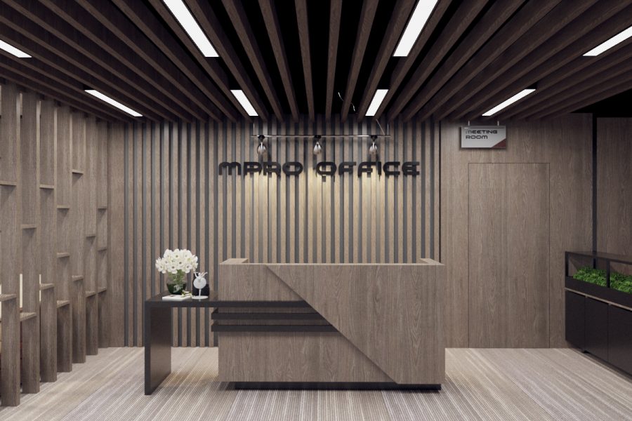 Thiết kế nội thất quầy lễ tân sử dụng hoàn toàn gỗ tự nhiên giúp tăng tính thẩm mỹ và thể hiện được đẳng cấp của công ty