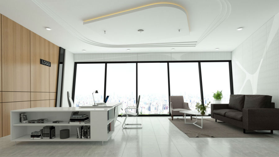 Thiết kế nội thất văn phòng hiện đại cho giám đốc với tông màu chủ đạo là trắng giúp diện tích không gian trông rộng rãi hơn