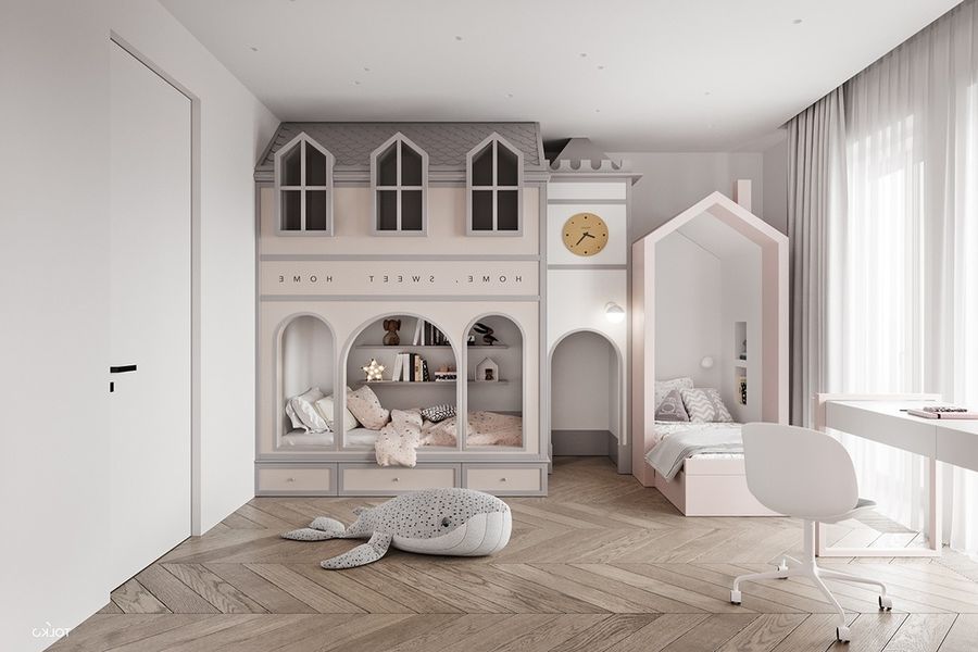 Thiết kế phiên bản giường ngủ lâu đài màu hồng cánh sen mềm mại thướt tha cho các bé