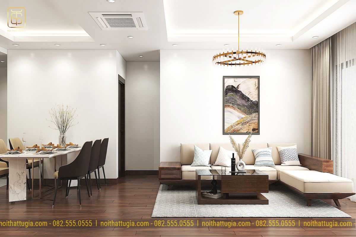 Thiết kế phòng khách hiện đại sang trọng với tông màu gỗ sậm màu