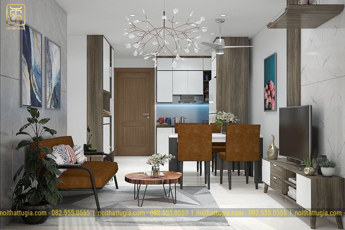Thiết kế phòng khách và phòng bếp nội bật, rộng rãi với không gian mở hiện đại