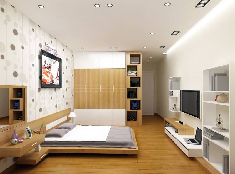 Thiết kế phòng ngủ master hiện đại với tone màu gỗ và trắng cùng giấy dán tường độc đáo