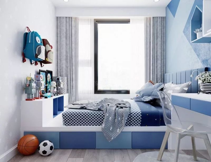 Thiết kế phòng ngủ nhà ống tone màu xanh dương cho bé trai năng động, an toàn