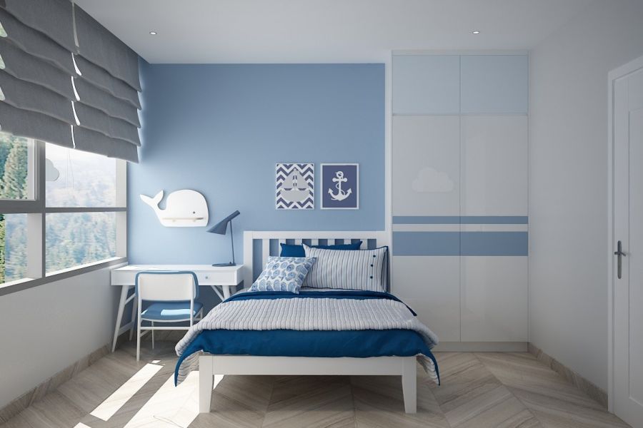 Thiết kế phòng ngủ tone màu xanh dương cho bé trai nam tính, sáng tạo