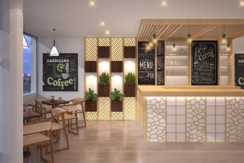 Thiết kế quán cafe đơn giản, nhẹ nhàng và thoải mái với gam màu trắng - be