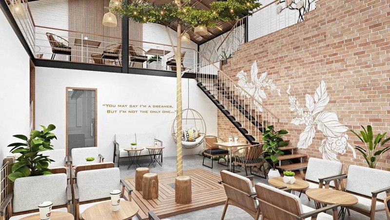 Thiết kế quán cafe không gian mở 2 tầng thông thoáng, sáng tạo